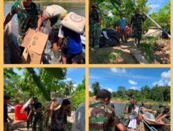 Semangat Anggota Satgas TMMD Kodim 1206/Putussibau Saling Bahu-Membahu Naikkan Material Bangunan ke Perahu Menuju Desa Belatung